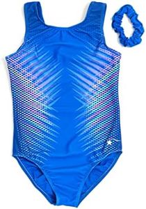 Destira Tiger Stripe Gymnastics Leotard for Girls, Blue With Colorful Stripe Design, Soft Comfortable Stretch Material, Child Medium (8)