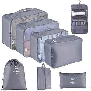 8 Set Travel Packing Cubes, YOLOK Luggage Organizers with Hanging Toiletry Bag, Multi-Functional Clothing Sorting Packages,Travel Packing Pouches (Grey)