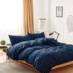 Wake In Cloud - Navy Grid Duvet Cover Set, 100% Washed Cotton Beddings, Navy Blue with White Grid Plaid Geometric Pattern (3pcs, Queen Size)