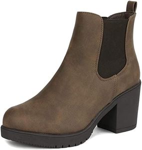 DREAM PAIRS Women's High Chunky Heel Chelsea Ankle Boots Slip On Elastic Fall Heeld Booties Shoes,Size 8.5,Brown/Pu,FRE