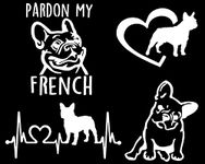 Frenchie Decals 4 Pack: Pardon My French, French Bull Dog Heart, Frenchie Heartbeat, Detailed French Bull Dog Decals (Small ~3.5", White)