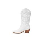 YEOTREAN Women's Western Cowboy Boots Wide Mid Calf Boots, White, 6 UK