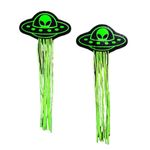 PASTEASE Tassel Pasties - UFO Alien Glow-in-the-Dark Neon Green Nipple Covers for Lingerie, Raves, & Festivals | Halloween Costume Accessory | Medical Grade, Waterproof, Latex Free & Made in USA, Neon