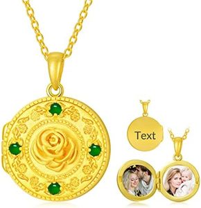 SOULMEET Personalized 10K 14K 18K Gold Round Rose Emerald Locket Necklace That Holds Pictures Natural Gemstone Locket Pendant Necklace (Custom Photo+Text)
