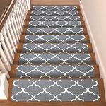 Non-Slip Stair Treads for Wooden Steps Stair Treads Carpet Indoor, 15 pcs 8 * 30 inch, Rubber Backing Repeated Use No Glue Quick-Dry Machine Washable, for Baby Pets, Grey Plaid