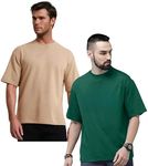 TIGER'S DEN Men Oversized Round Neck Cotton Half Sleeve Regular Fit t Shirts Beige and Green Color Pack of 2