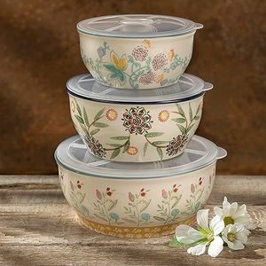 Euro Ceramica Ella 3 Piece Nesting Storage Bowls Set with Lids Assorted Multicolor Asian Floral Design, 82Fl oz