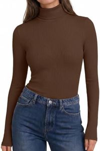 Ekouaer Women's Turtleneck Long Sleeve Shirts 2026 Fall Fashion Tight Tops Ribbed Soft Base Layer Fashion Layering Tops Coffee Brown L
