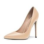 WAYDERNS Women's Evening Pointed Toe Matte Slip On Dress Stiletto High Heel Pumps Shoes 4.7 Inch, Beige, 7.5