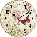 BERYART 14 Inch Silent Non-Ticking Wall Clock, Big Arabic Numerals Wall Clocks, Butterfly and Flower Pattern Wooden Round Clock, Battery Operated Home Decor Hanging Clocks