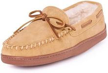 Minnetonka Men's Pile Lined Moccasin Slippers with Hard Soles, 7.5, Tan