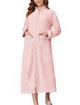 Ekouaer Women's Zipper Robes Calf Length Loungewear Fleece Bathrobe Long Sleeve Housecoat with Pockets Light Pink XL