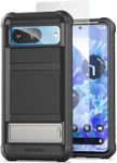 Encased Falcon Designed for Google Pixel 8 Case with with Stand and Tempered Glass Screen Protector, Protective Heavy Duty Phone Case with Kickstand (Black)