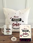 ALDIVO Satin Never Forget To Smile Printed Coffee Mug, Cushion Cover With Filler, Key Ring, Greeting Card - Combo Pack,Bamboo