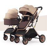 Double Stroller for Toddlers Side by Side,Two-Way Baby Stroller Twins Pushchair-Detachable,High Landscape Seat and Adjustable Canopy (Color : Khaki)