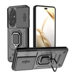 PEIYE Case for Honor 200 Pro, Soft Silicone & Hard PC Armor Cover with 360° Rotating Metal Ring & Slide Cover for Lens Protection (Black)