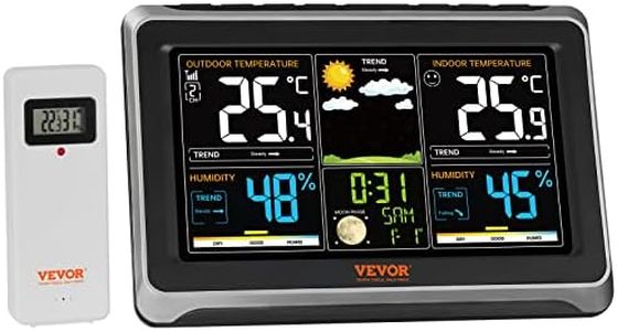 VEVOR Weather Station Indoor Outdoor, 190.5 mm Large Color Display, Multi-Functional Wireless Digital Home Weather Station, with Adjustable Backlight Forecast Data Calendar Alarm Alert Temperature