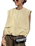 Yimoon Women’s Oversized Zip Up Cargo Vest Casual Ruched Hem Sleeveless Blazer Jackets Vest Top with Pockets, Lightyellow, Medium