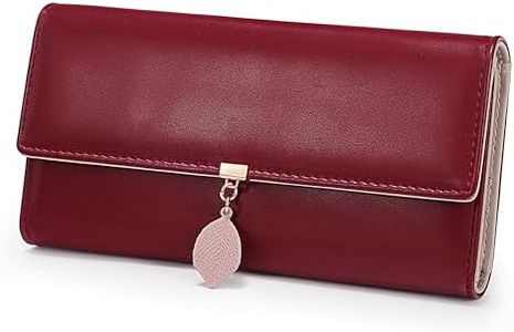 UTO RFID Wallet for Women PU Leather Leaf Pendant Card Holder Phone Checkbook Organizer Zipper Coin Purse Red