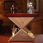 HAUS OF BARS by SpeedX - Model J Mini Home Bar Table & Cabinnet with Compact and Foldable Design (Burgundy Finish & Gold Lattice Finish)