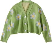 VLOJELRY Women's Flower Long Sleeve Open Front Short Cardigan Casual Loose V Neck Button Down Knit Cropped Cardigan Sweaters Coat Green, Green, One Size