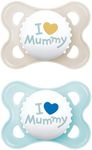 MAM Style 0+ Months (Pack of 2), Baby Soothers with Self Sterilising Travel Case, Newborn Essentials, Blue, I Love Mummy (Designs May Vary)