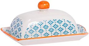 Nicola Spring Patterned Butter/Margarine Dish with Lid - 185mm (7.3 inches) - Blue/Orange Print