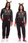 Tipsy Elves Christmas Onesies for Adults - Comfy Unisex Matching Holiday Jumpsuits with Convenient Pockets - Cozy Black Rudolph Christmas Jumpsuit Size Large