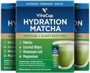 VitaCup Hydration Matcha Instant Packets, for Natural Energy and Detox, w/Electrolytes, Ceremonial Grade Organic Matcha, Coconut Water, Pink Himalayan Salt, Magnesium, in Single Serve Sticks, 60 Ct