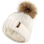 TOSKATOK Ladies Chunky Soft Cable Knit Hat with Cosy Fleece Liner and Detachable Faux Fur Pompom-Cream