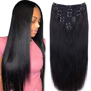 (41cm , Straight hair) - Straight Human Hair Clip in Hair Extensions for Black Women 100% Unprocessed Full Head Brazilian Virgin Hair Natural Black Colour ,8/Pcs with 18Clips,120 Gramme (41cm , Straight hair)