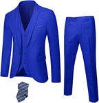 Hihawk Men's 3 Piece Suit with Stretch Fabric, Solid Slim Fit One Button Suit Blazer Set, Jacket Vest Pants with Tie. Sapphire Medium