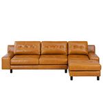 ES ESPINHO ESPN0079 Solid Sal Wood Leatherette Upholstered 3 Seater Right Hand Side Facing Button Tufted Chesterfield Modular, Sectional, Corner L Shape Sofa Set for Living Room, Butterscotch Color