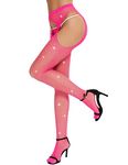 RSLOVE Women Sexy Fishnet Stockings Sparkle Rhinestone Mesh Tights High Waist Pantyhose Light Pink