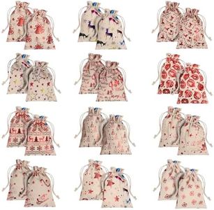 BELLE VOUS Sachets Noel avec Cordon (Lot de 24) - Pochon Tissu en Toile de Jute en Lin en 12 Motifs Festifs - Motifs Père Noël et Renne - Petit Sac Noel en Lin Écologique