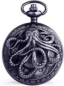 Dentily Vintage Octopus Hollow Quartz Pocket Watch Steampunk Black Pocket Watch with Necklace Chain