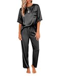 Ekouaer Women Nightwear Satin Two Piece Short Sleeve and Long Pant Pajama Set Summer Sleepwear Silk Pj Sets Black