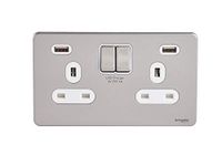 Schneider Electric Ultimate Screwless Flat Plate - Switched Double Power Socket with USB Charging Ports, 13A, GGBGU3424DWSS, Stainless Steel with White Insert