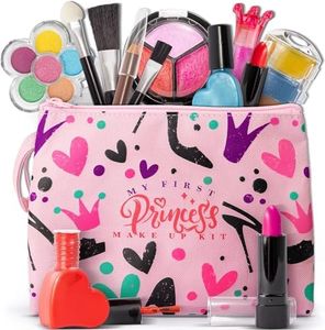 FoxPrint Kids Makeup Kit for Girls, Soft to Skin, Easy to wash, 23 Pc Princess Makeup Set Toys for 2 3 4 5 6 7 8 9 10 11 12 & Up Year Old Girl & Kids, Carrying Cosmetic Purse for Easy Storage