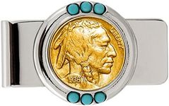 American Coin Treasures U.S. Coin Money Clip - Buffalo Nickel Layered in Pure 24k Gold | Brass Moneyclip Layered in Silver-Tone Rhodium | Turquoise Stones | Holds Currency, Credit Cards, Cash