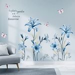 wondever Blue Lily Flower Wall Stickers Floral Butterfly Peel and Stick Wall Art Decals for Living Room Bedroom Home Wall Decor