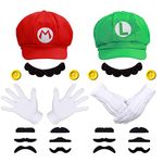 MOVINPE Super Bros Hats Maria Lugi Super Brothers Cap Mustaches Suspenders Gloves Buttons Halloween Cosplay Costume, Red&green, One size