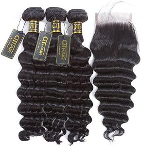 QTHAIR 14A Peruvian Loose Deep Wave Human Hair with Closure(18 20 22+16Free Part Closure,Natural Black) Peruvian Loose Deep Wave Virgin Hair Weave with 4x4 Swiss Lace Closure with Baby Hair