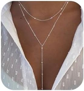 Picuzzy Silver Necklace for Women, Dainty Silver Plated Layered Necklaces for Women Trendy Lariat Beaded Long Necklace Simple Jewelry Valentines Gifts