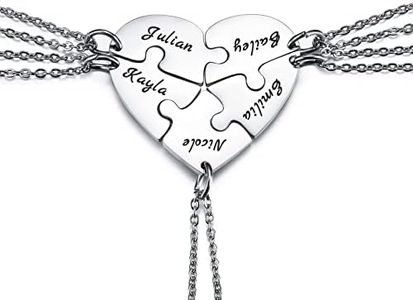 MunkiMix Collar Personalizado para Hombres/Mujeres, Collar de Pareja/Amistad para 2/3/4/5 Piezas, Juego de Collar de Pieza de Rompecabezas de Corazón Negro/Plata, Collar de Grabado de Nombre/Texto