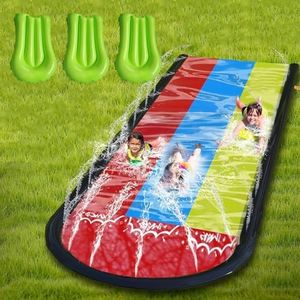Zarmanuae Triple Lane Lawn Water Slides, for Backyard Games Slip and Slide with 3 Boogie Boards 4.8m Long Triple Land Slip with Double Sprinkler (Triple Racing Slide)