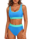 Tempt Me Women Two Piece High Waisted Bikini Sets Sporty Swimsuit Cheeky Color Block Bathing Suit, Blue Green New, Large