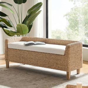 HULALA HOME 57" Rattan Storage Bench, Boho Wicker Bedroom Bench, Natural