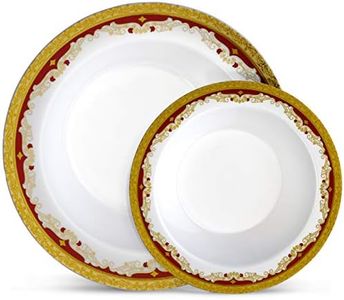 Laura Stein Designer Dinnerware Set | 64 Disposable Plastic Party Bowls | White Wedding Bowl with Burgundy Rim & Gold Accents | Set Includes 32 x 12 oz Soup Bowls + 32 x 5 oz Dessert Bowls | Vintage
