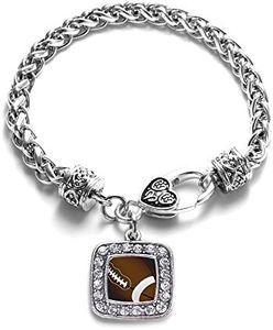 Inspired Silver - Football Lovers Silver Braided Bracelets for Women - Square Charm Bracelet Jewelry Gift with Cubic Zirconia - Women's Charm Bracelet with Lobster Claw Clasp